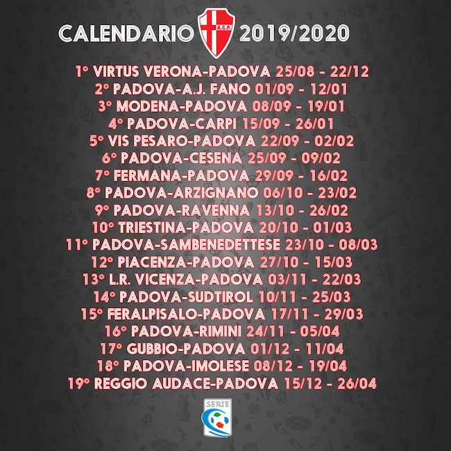 calendario padova 2019 2020