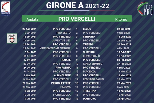 calendario pro vercelli 2021-2022