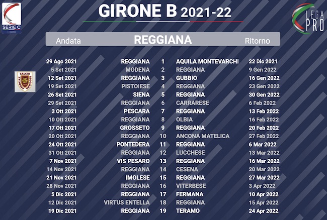 calendario reggiana 2021-2022